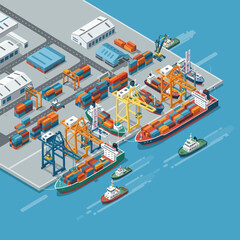Isometric Illustration of Shipping Port with Cranes.