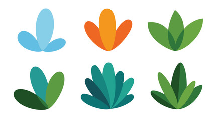 A collection of six simple and colorful stylized bush and plant icons for creating minimalist landscape or nature illustrations.