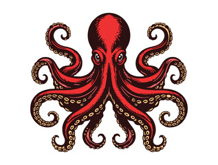 Red octopus with swirling tentacles in a detailed woodcut style. © Alex