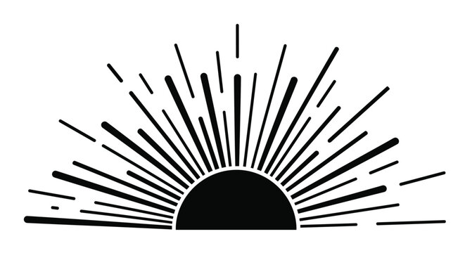A bold and graphic black silhouette of a rising or setting sun with dynamic sunbeams representing hope and a new beginning.