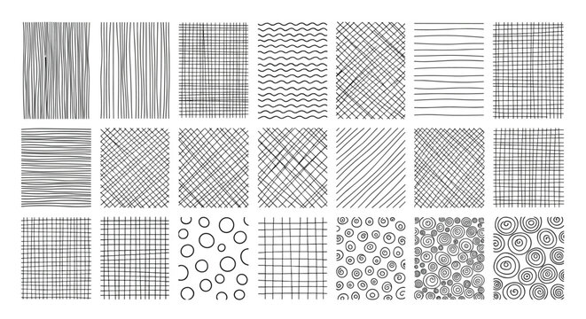 A large and diverse collection of hand-drawn abstract textures and seamless patterns including lines scribbles and geometric shapes.