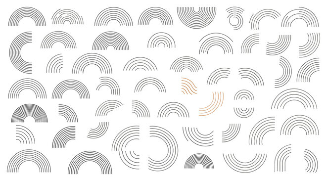 A large collection of abstract geometric arch and semicircle shapes in a minimalist line art style for modern graphic design.