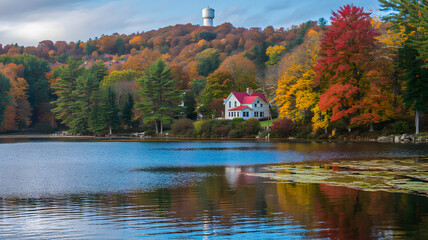 Autumn lake landscape with colorful forest and house reflection