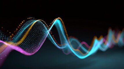 A dynamic, abstract composition of undulating, brightly colored particles, creating a visual flow against a dark background, suggesting sound or energy