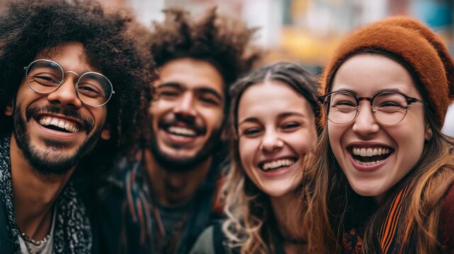 group of people young men and women smile together at city street, fun joy youthful 