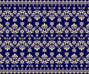 seamless damask pattern. A refined traditional pixel art pattern with repeating floral and geometric motifs, arranged symmetrically in soft ivory tones against a deep indigo blue background. Vector 