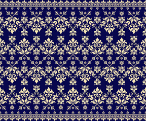 seamless damask pattern. A refined traditional Thai textile pattern with repeating floral and geometric motifs, arranged symmetrically in soft ivory tones against a deep indigo blue background.