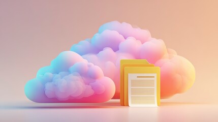 A vibrant cloud illustration with documents representing data storage and digital access, set against a soft, gradient background