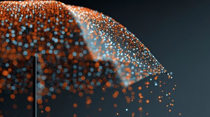 An abstract visualization, likely data-driven, featuring a flowing array of orange and blue particles against a dark background, suggestive of movement