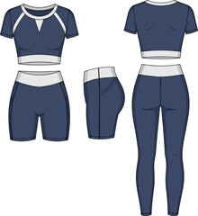 Women athletic activewear set vector illustration, crop top, shorts and leggings, front back side views, modern sports clothing isolated on white