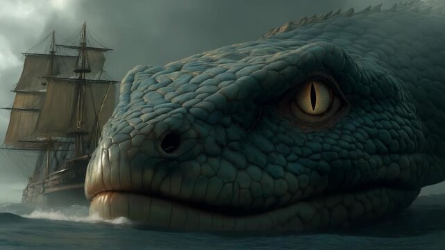 big serpent sea monster on the water surface with ancient ship 