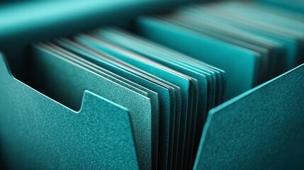 A close-up view of teal-colored file folders organized in a box, highlighting edges and texture with soft focus