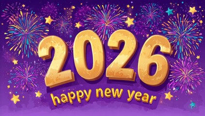 A celebratory New Year's design featuring the year 2026 in bold, golden 3D letters with a reflective, metallic finish. 