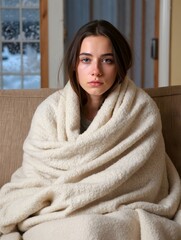 Young Woman Wrapped in Blanket - Cozy and Contemplative Portrait