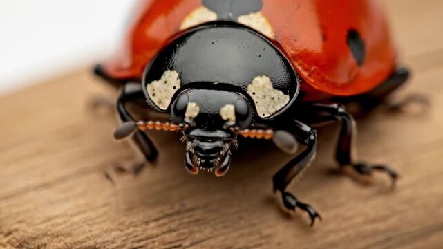 Close-up Macro Shot of a Ladybug on a Piece of Wood.