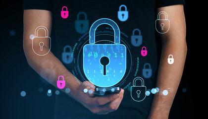 Digital padlock hologram over smartphone held by person, symbolizing cybersecurity, cloud privacy and data protection in modern tech world.