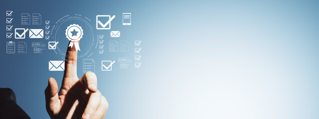 Business user touching digital interface with checkmarks and quality certification icons on light blue background, representing approval and standards.