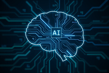 Glowing AI brain circuit symbol on futuristic neon digital tech background representing artificial intelligence and machine learning concept. 3D Rendering