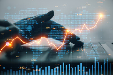 Digital hand interacting with stock market interface showing rising financial metrics and global data on a futuristic keyboard background.