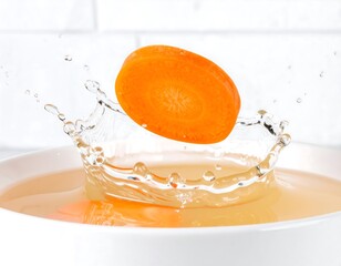 Vibrant carrot slice splashing into fresh orange juice