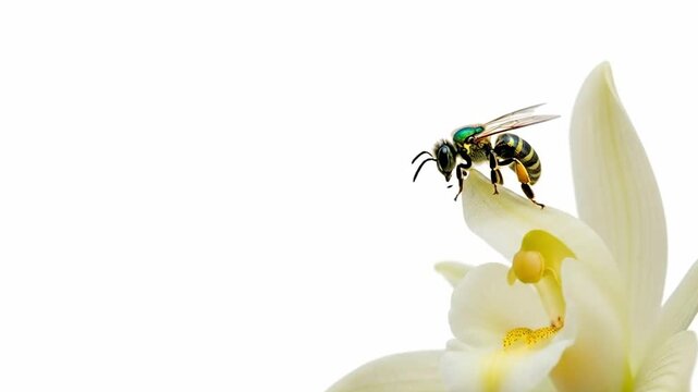 Close-up of a bee pollinating a delicate white flower on a white background.