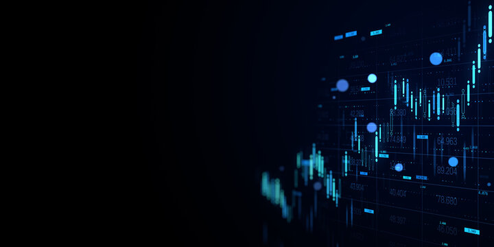 Digital forex and stock chart with candlestick graph on dark blue screen background for financial market analysis and investment template design. 3D Rendering - Powered by Adobe