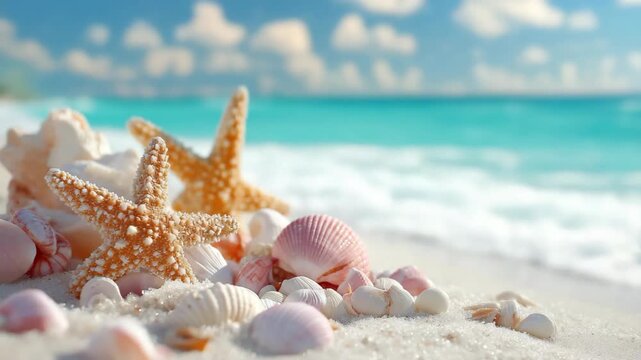 Shells and starfish scattered along a sandy beach ocean shore, gently touched by natural light. The scene evokes a peaceful coastal atmosphere, summer relaxation, and the simple beauty of marine life 