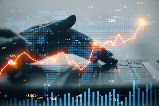 Digital hand interacting with stock market interface showing rising financial metrics and global data on a futuristic keyboard background. - Powered by Adobe