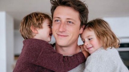 Friendly smiles radiate as a Caucasian father with young children embraces whimsical warmth, echoing Fathers Day joy and familial hygge sentiments