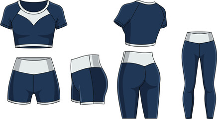 Women sportswear set vector illustration, crop top, shorts and leggings, front back side views, modern athletic activewear outfit isolated on white
