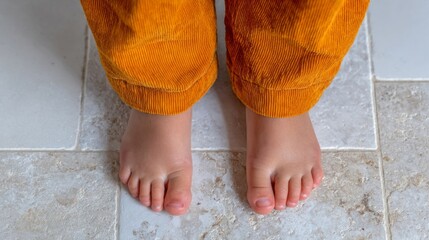 Bare toes peek from mustard corduroy, whispering autumn warmth and rustic nostalgia, evoking cozy Socktober evenings and Hygge comfort