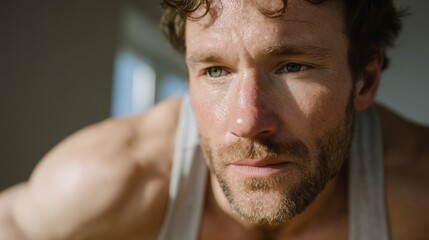 A focused Caucasian man in a sweat-drenched tank top, embodying the intensity of World Fitness Day and endurance training