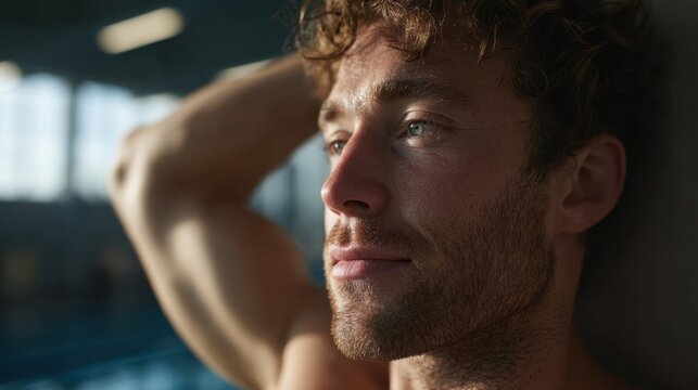 A pensive Caucasian man basks in golden sunlight, embodying tranquil moments of reflection, World Thinking Day, introspection