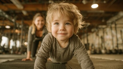 Child's gleeful yoga pose in sunlit gym, Wellness Wednesday joy, playful fitness journey, diverse family balance day