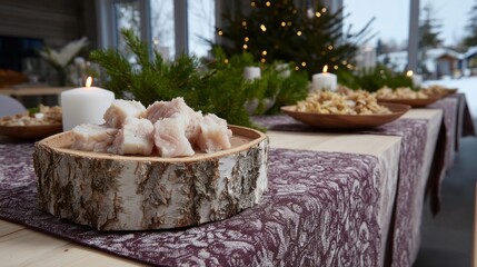 Rustic birch bark platters brimming with festive delights, invoking Nordic Yule celebrations and winter solstice gatherings