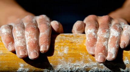 Flour-dusted hands of a skilled Caucasian baker grip rolling pin, evoking artisanal craftsmanship; reminiscent of Dia del Pan celebration