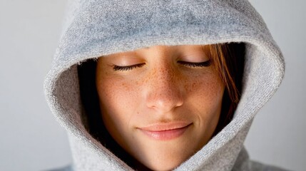 Meditative tranquility captured in serene smile of freckled woman in cozy hood, embracing Hygge and World Sleep Day