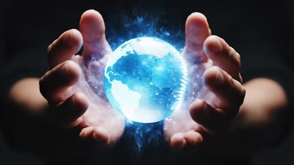 Close up of human hands gently cradling a brightly glowing blue energy sphere radiating mystical light symbolizing power potential and future technology concepts