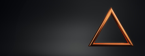 Metallic orange triangle symbol on dark black background with copyspace for modern abstract poster or banner design mockup template concept. 3D Rendering