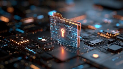 Close-up of a circuit board, with a glowing folder icon featuring a lock, hinting at digital security and data protection