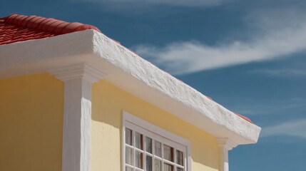 Red-roofed pastel casa basking under azure skies, emulating Caribbean serenity and Dia de los Muertos vibrant hues