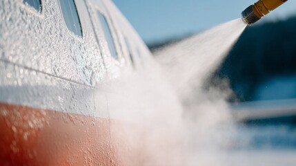 Frost-kissed airplane de-iced, winter aviation ritual, icy travel preparation, embracing Ullr Fest and International Civil Aviation Day