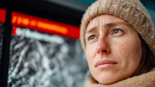 A contemplative Caucasian woman in a woolen hat braves winter's chill, evoking Sisu spirit and Winter Solstice serenity - Powered by Adobe