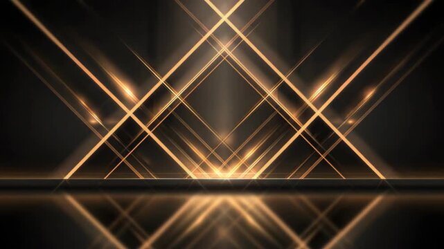 Sleek metallic gold elements glowing against a dark background, creating a luxurious and modern abstract scene. The contrast of radiant gold light and deep darkness conveys elegance,