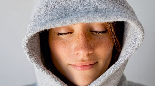 Meditative tranquility captured in serene smile of freckled woman in cozy hood, embracing Hygge and World Sleep Day - Powered by Adobe