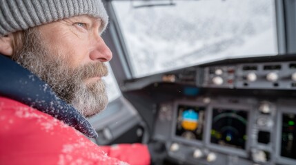 Nordic male pilot braving frosty Arctic flight deck, embracing Polar Bear Day adventures and Icelandic orrablot tradition