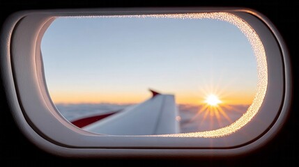 Sunrise bursts through frosted plane window, capturing ethereal wanderlust, perfect for Travel Day or International Civil Aviation Day