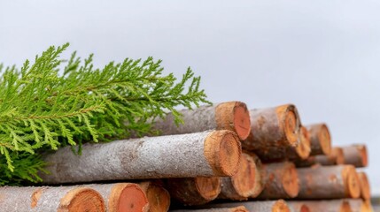 Rustic cedar logs and evergreen sprig conjure Yuletide crafts, Scandinavian forest enchantment, and woodsy hygge gatherings