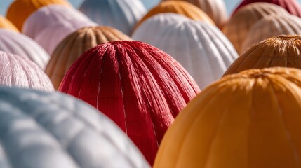 Colorful parade of textured paper spheres, evoking Tangerine Daydream festival whispers, vibrant lantern fields, Sapporo's whimsical illuminations