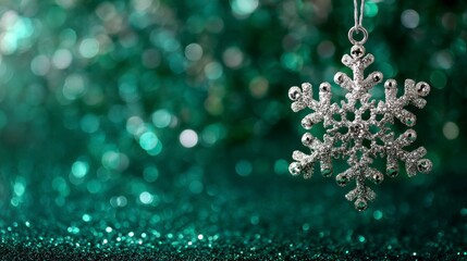 Sparkling holiday scene features a glittering silver snowflake ornament suspended against a blurry emerald backdrop of shimmering light